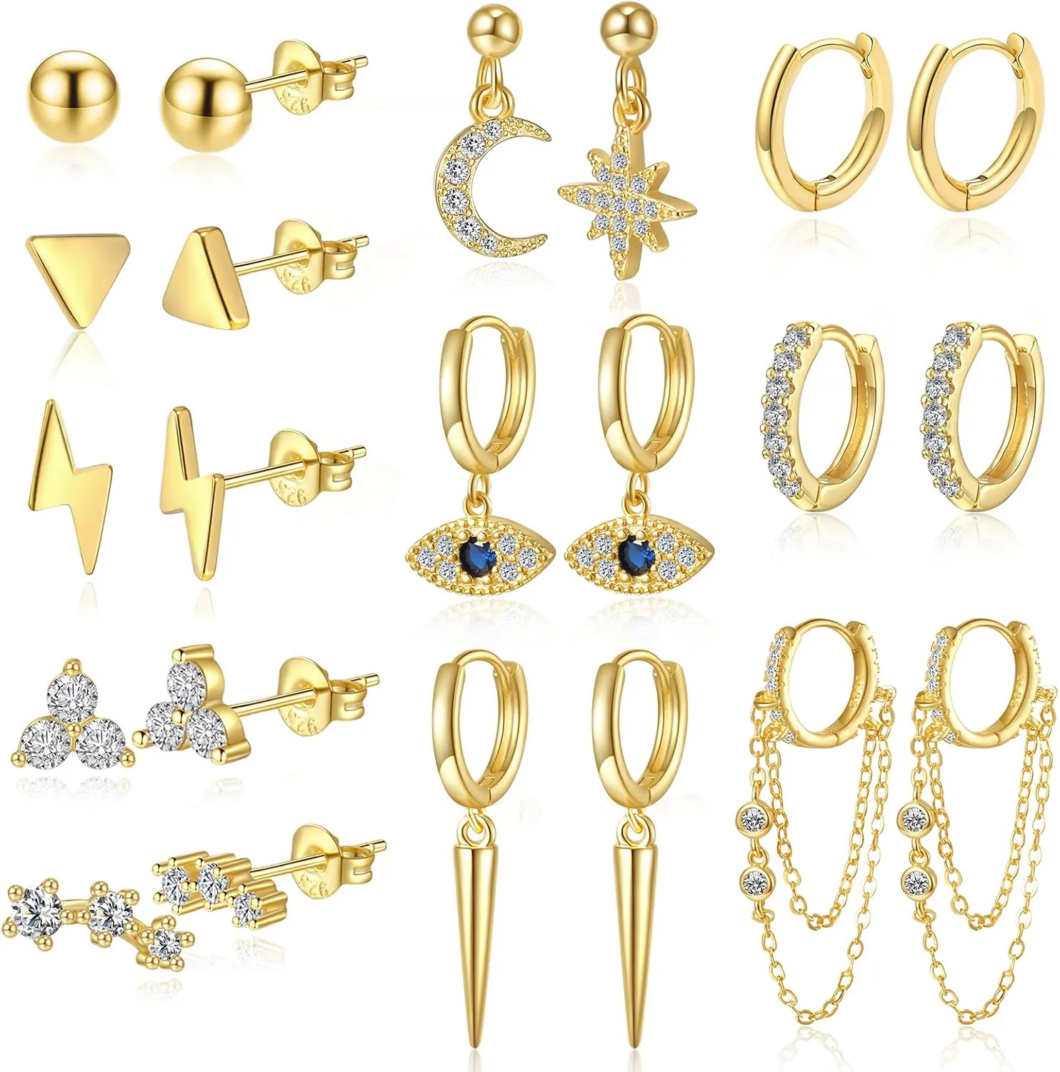 11 Pairs 14K Gold Plated Cartilage Studs Earrings and Hoops Set for Multiple Piercing Hypoallergenic Dainty Star Moon Evil Eye CZ Ball Chain Hoop Dangle Earrings for Women