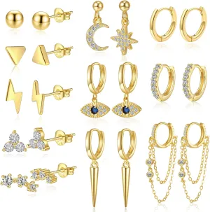 11 Pairs 14K Gold Plated Cartilage Studs Earrings and Hoops Set for Multiple Piercing Hypoallergenic Dainty Star Moon Evil Eye CZ Ball Chain Hoop Dangle Earrings for Women
