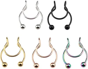 14g Lip Ring Steel Clip Gold Face Faux Septum Nose Cuff Rings Stud Non Piercing Jewelry Nose Rings (Black, One Size)