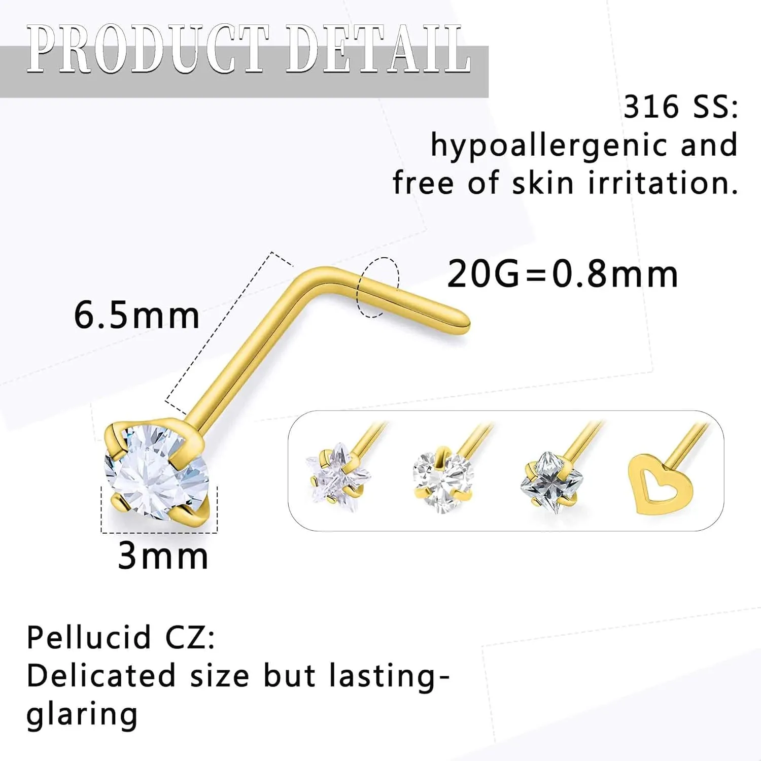 14K Gold Filled 20G Nose Rings Studs Piercing Jewelry For Women Men 316L Surgical Steel Flower Butterfly Cubic Zirconia Nose Rings Studs Nostrial Piercing Jewelry For Women Men Clear Pink CZ