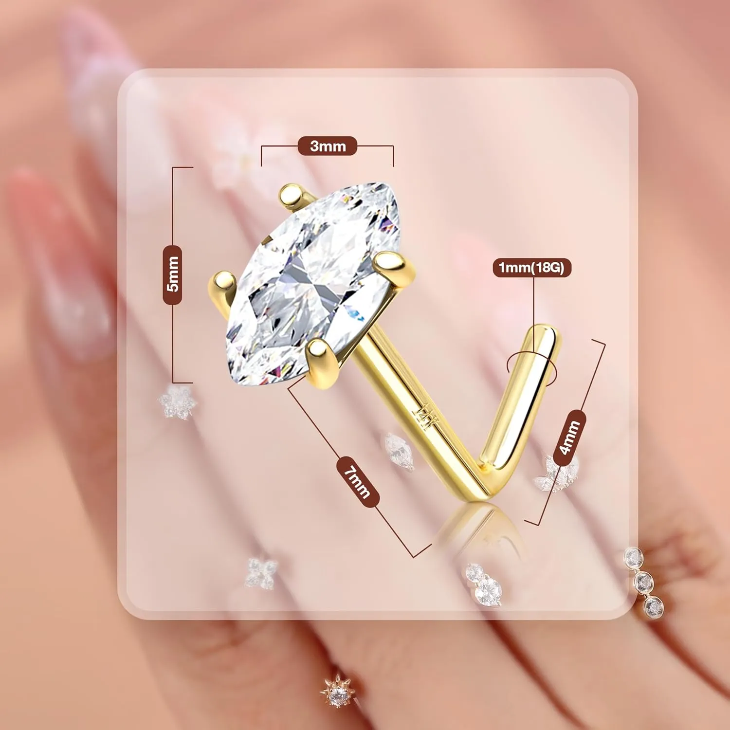 14K Real Gold Nose Stud - 18G Nose Stud L Shaped Nose Rings Dangle Nose Rings for Women CZ Opal Flower Sun Nose Piercings Gold Nose Jewelry for Women Men