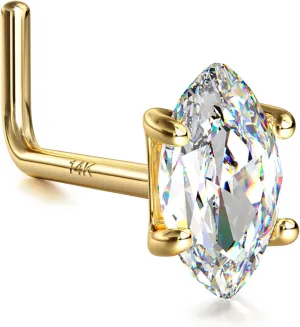 14K Real Gold Nose Stud - 18G Nose Stud L Shaped Nose Rings Dangle Nose Rings for Women CZ Opal Flower Sun Nose Piercings Gold Nose Jewelry for Women Men