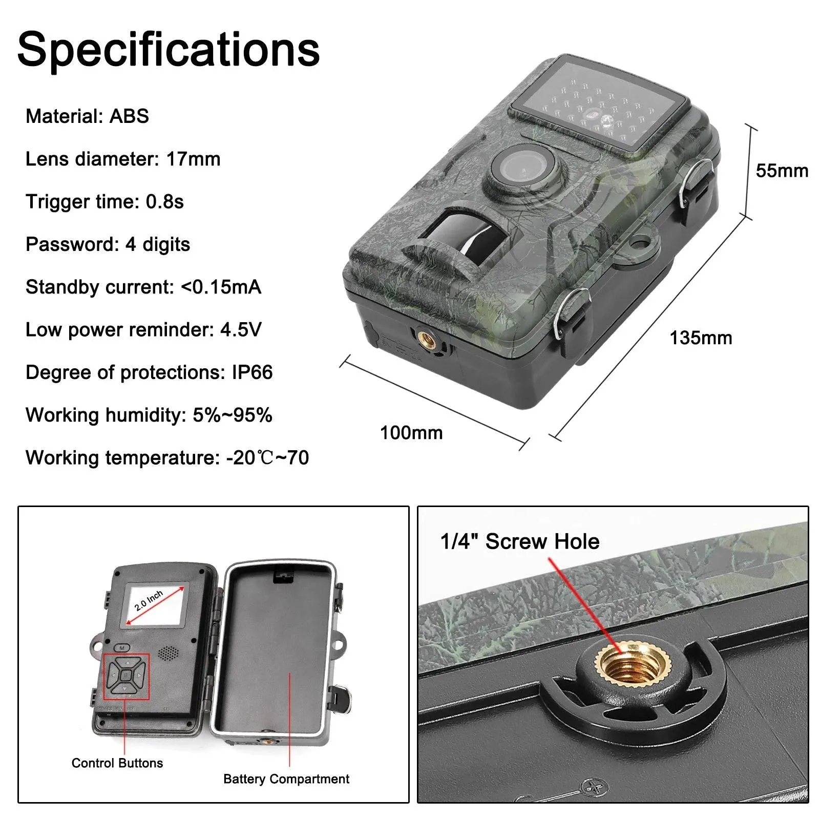 16MP 1080P Portable Taking Trail Camera Outdoor Huntings Animal Observation Monitoring Camera Photo Video Taking IP66 Waterproof