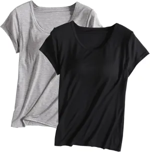 2 Pack Built in Bra Tops for Women Cozy Scoop Neck Short Sleeve T-Shirts Yoga Workout Tops with Built-in Padded Bra