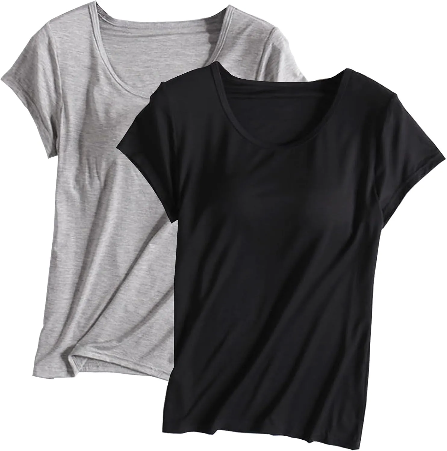 2 Pack Built in Bra Tops for Women Cozy Scoop Neck Short Sleeve T-Shirts Yoga Workout Tops with Built-in Padded Bra