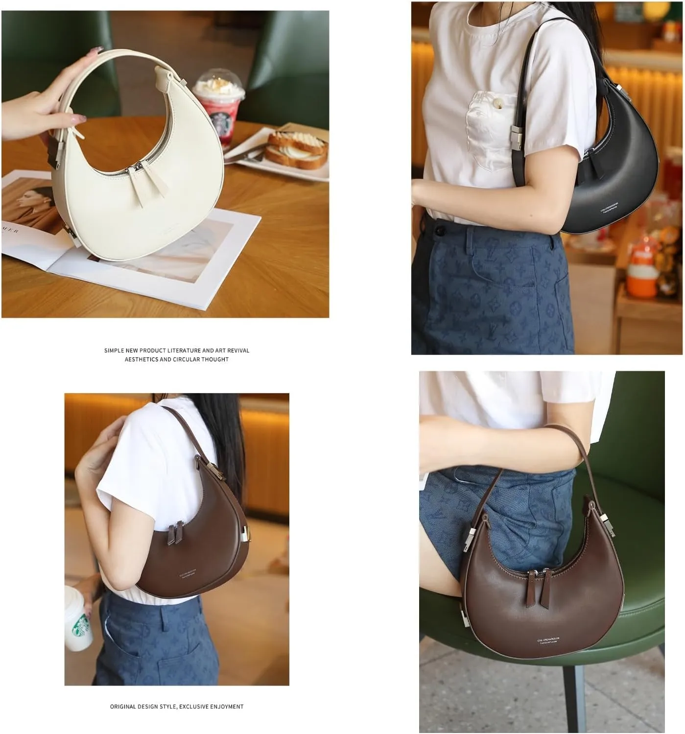 2023 New Ladies Genuine Leather Shoulder Handle Underarm Crescent Bag, Y2k Fashionable Adjustable Moon Bag With Handle. (White)