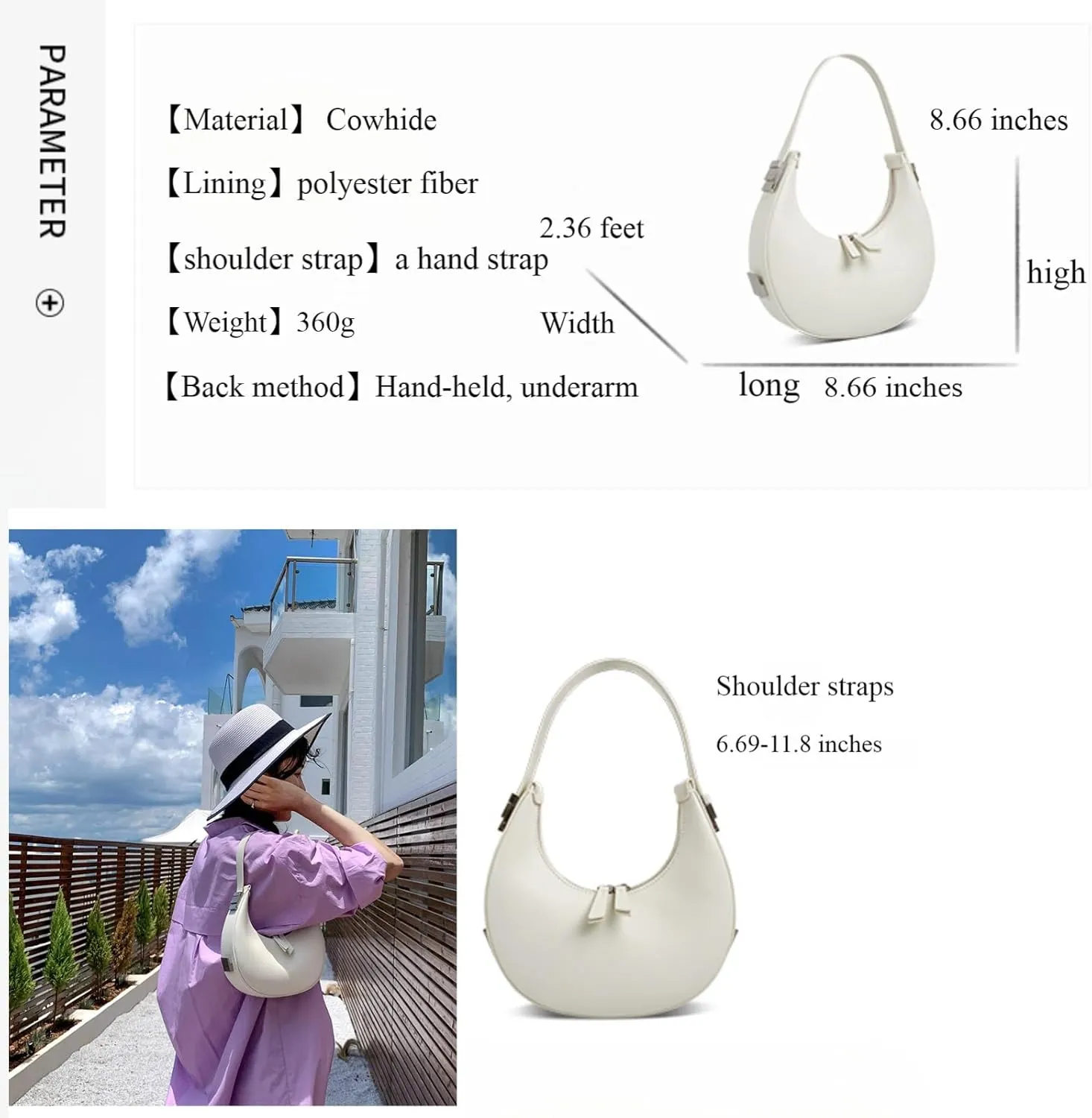 2023 New Ladies Genuine Leather Shoulder Handle Underarm Crescent Bag, Y2k Fashionable Adjustable Moon Bag With Handle. (White)