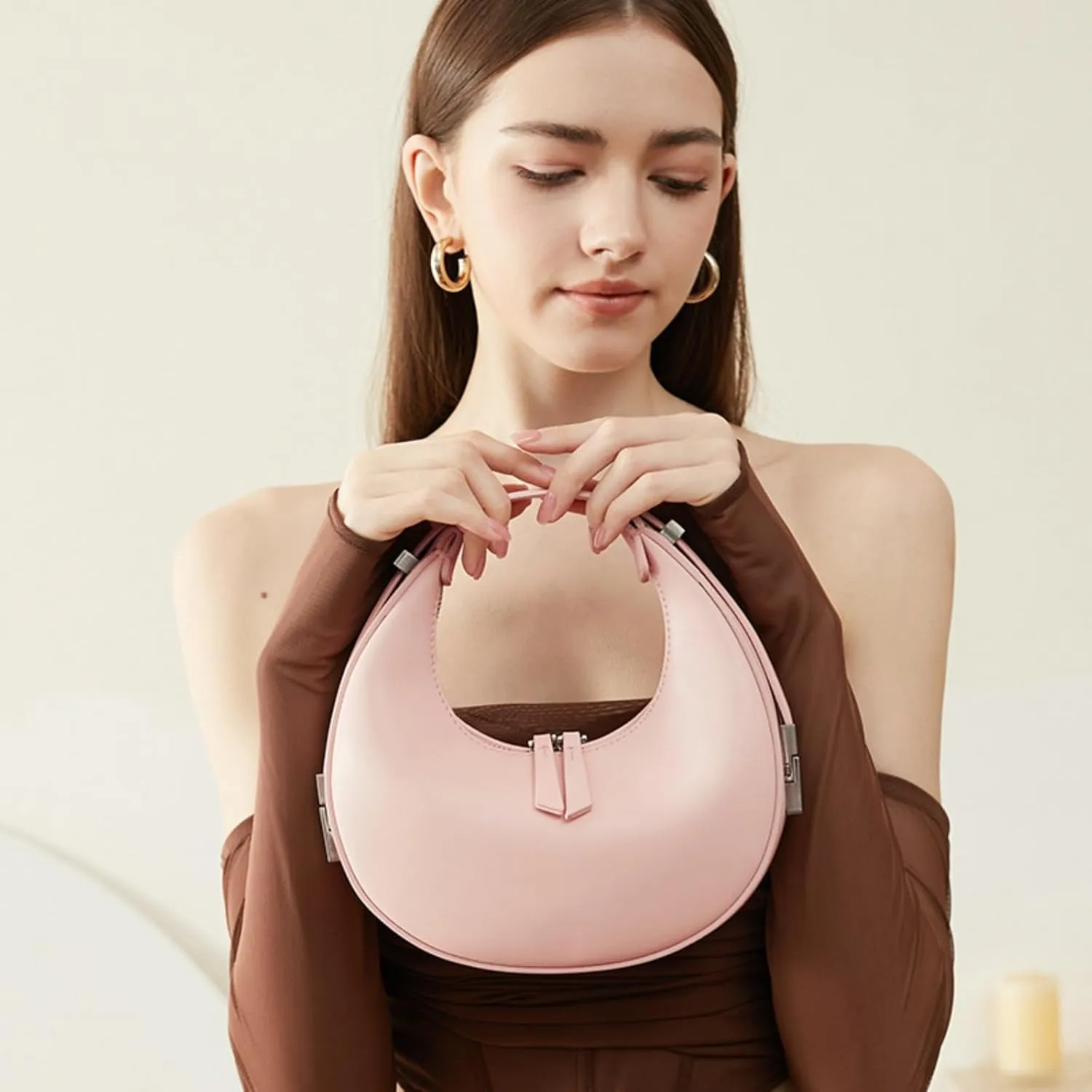 2023 New Ladies Genuine Leather Shoulder Handle Underarm Crescent Bag, Y2k Fashionable Adjustable Moon Bag With Handle. (White)