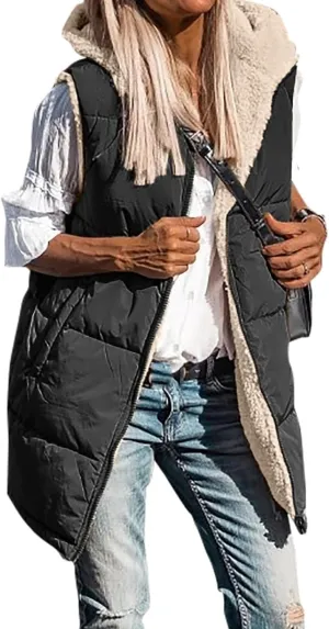 2023 Womens Fall Reversible Vests Sleeveless Fleece Jacket Zip Up Lightweight Down with Pocket Winter Jackets Coats