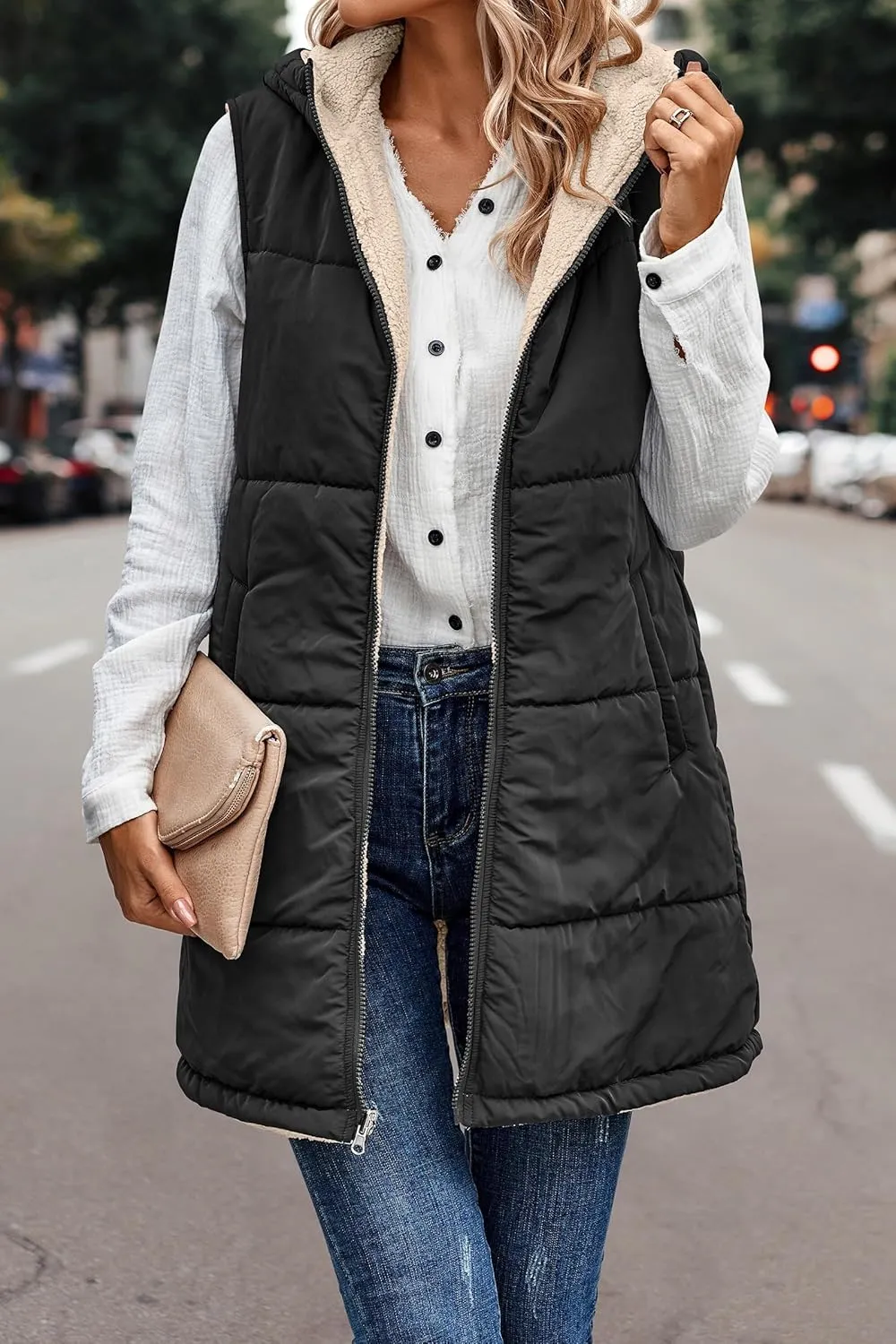 2023 Womens Fall Reversible Vests Sleeveless Fleece Jacket Zip Up Lightweight Down with Pocket Winter Jackets Coats