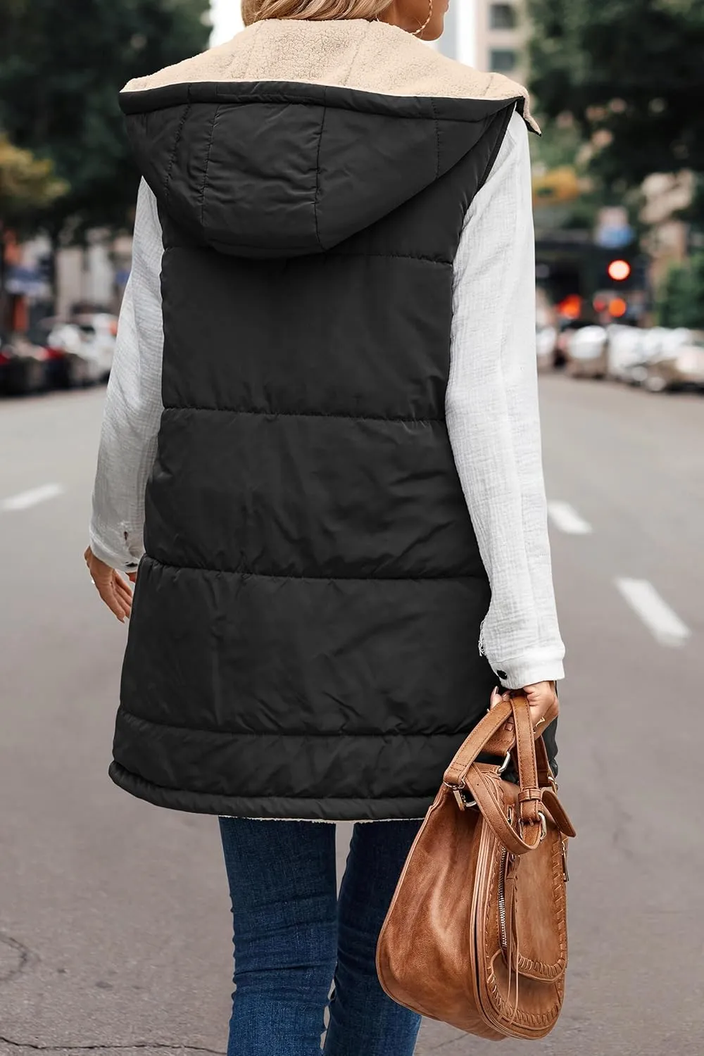 2023 Womens Fall Reversible Vests Sleeveless Fleece Jacket Zip Up Lightweight Down with Pocket Winter Jackets Coats