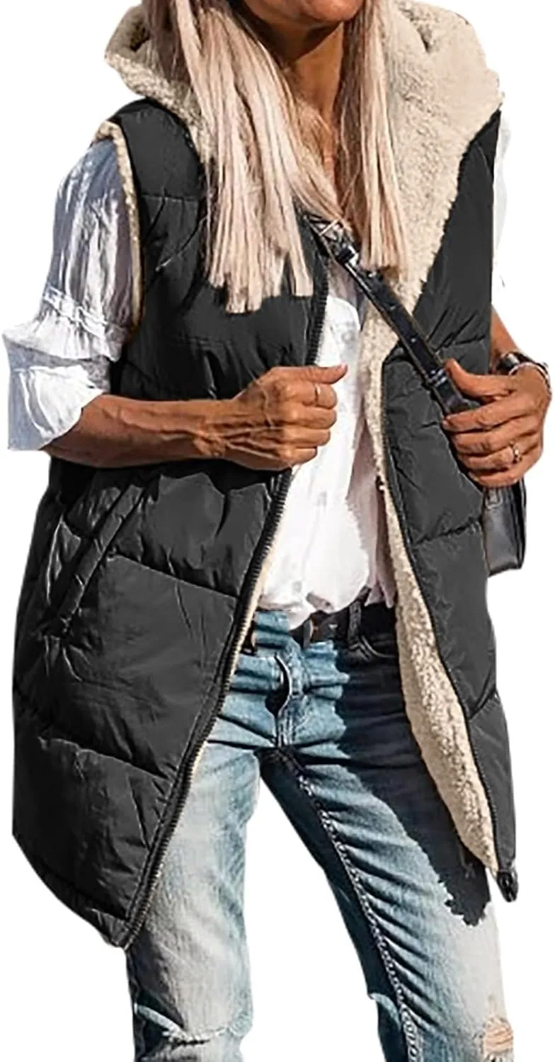 2023 Womens Fall Reversible Vests Sleeveless Fleece Jacket Zip Up Lightweight Down with Pocket Winter Jackets Coats
