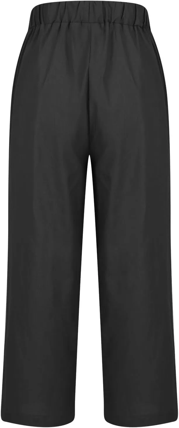 2025 Cotton Linen Pants Women Summer Elastic Waist Crop Pants Plus Size Straight Leg Slacks Trousers with Pockets