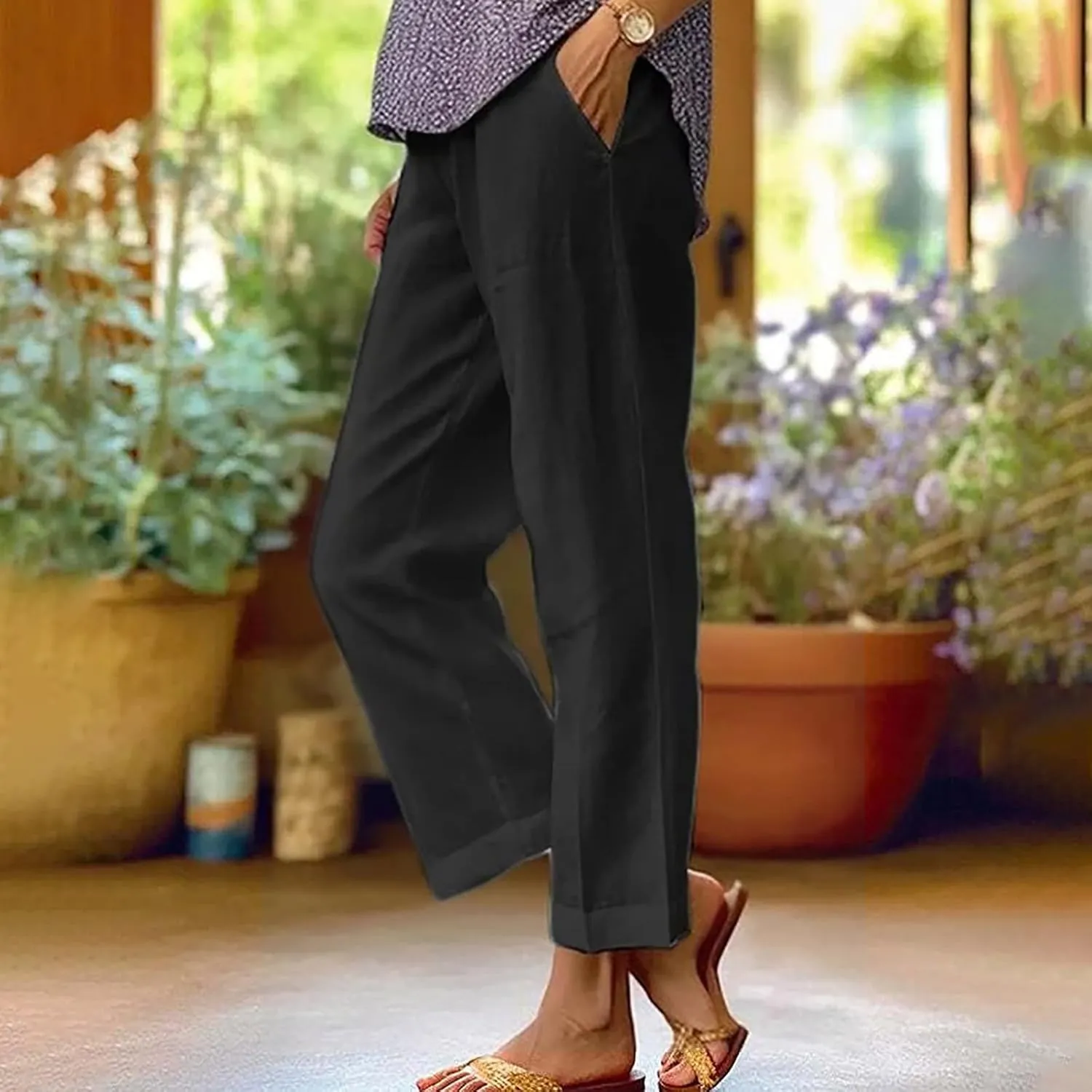 2025 Cotton Linen Pants Women Summer Elastic Waist Crop Pants Plus Size Straight Leg Slacks Trousers with Pockets