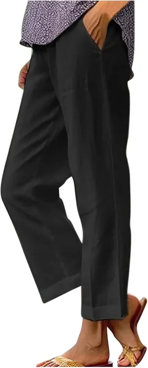 2025 Cotton Linen Pants Women Summer Elastic Waist Crop Pants Plus Size Straight Leg Slacks Trousers with Pockets