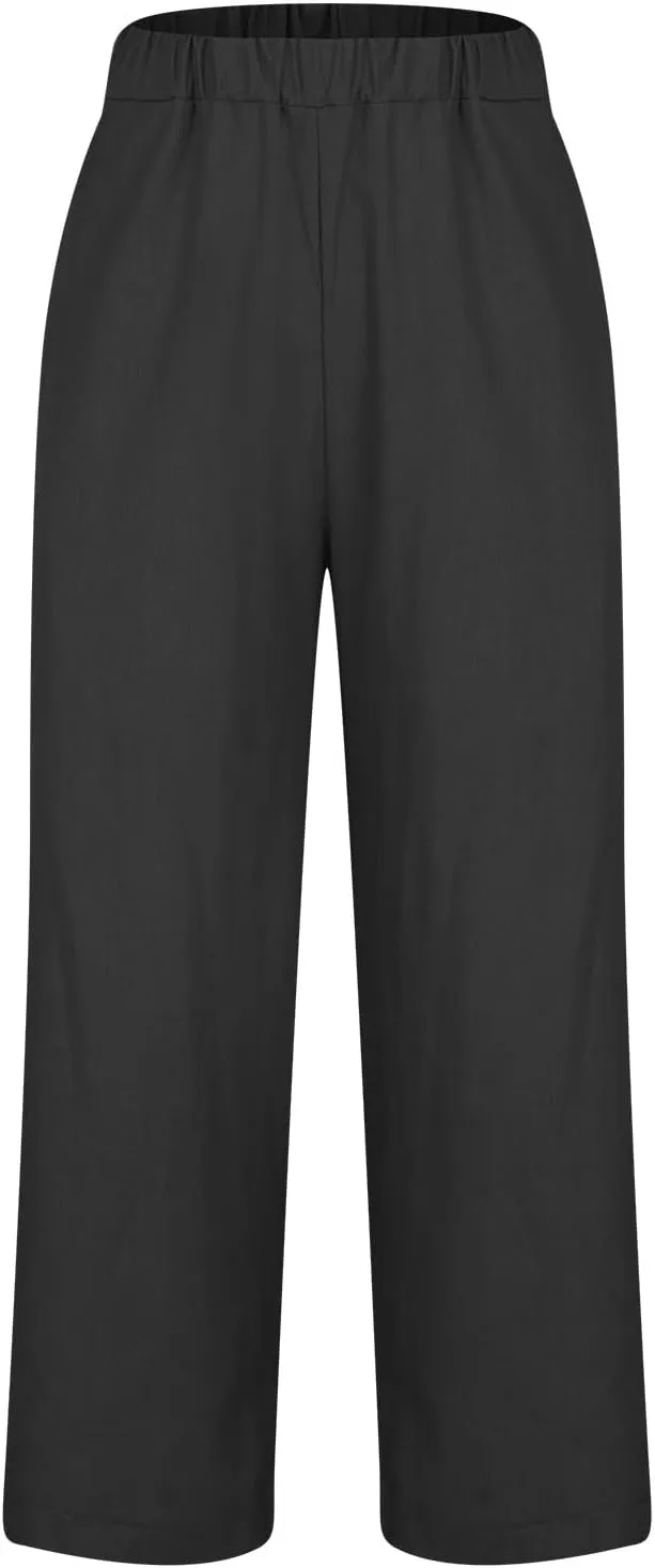 2025 Cotton Linen Pants Women Summer Elastic Waist Crop Pants Plus Size Straight Leg Slacks Trousers with Pockets