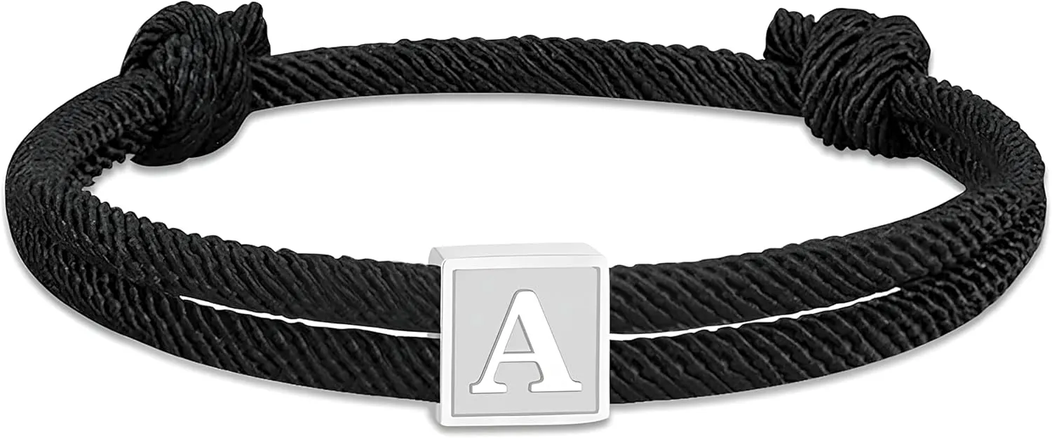 2025 Graduation Gifts, Rope Initial Bracelet for Men, Stainless Steel A-Z Letter Charm Bracelet, Handmade Braided Men Wrist Adjustable 7-13 Inches Letter Link Jewelry Father's Day Graduation Easter Basket Stuffer Gifts