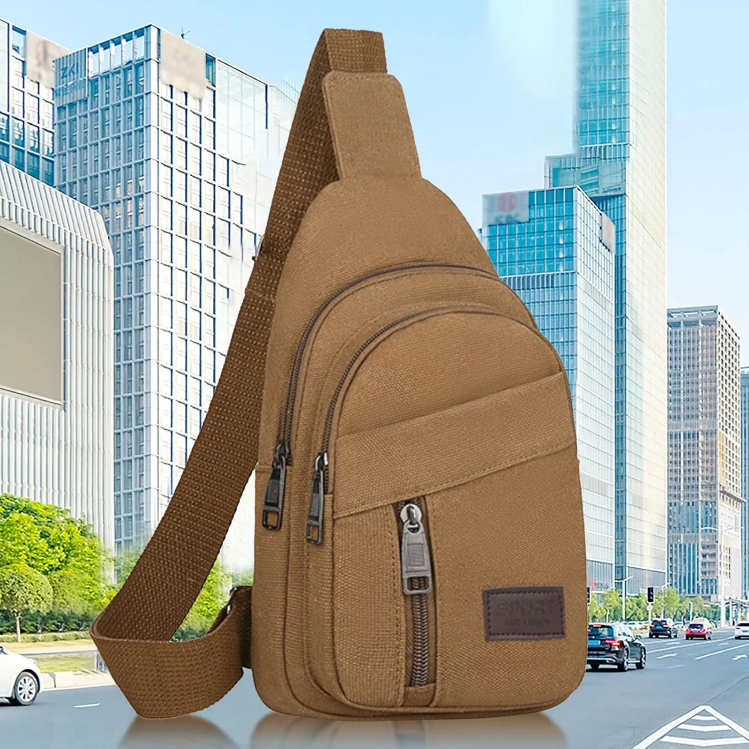 2025 Men's New Casual Solid Color Simple One Shoulder Zipper Messenger Bag Leather Shoulder Bag (Brown, One Size)