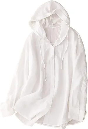 2025 Women Cotton Linen Hoodie Summer Loose Lightweight Drawstring Hooded Top Long Sleeve Button Beach Cover Up Blouses