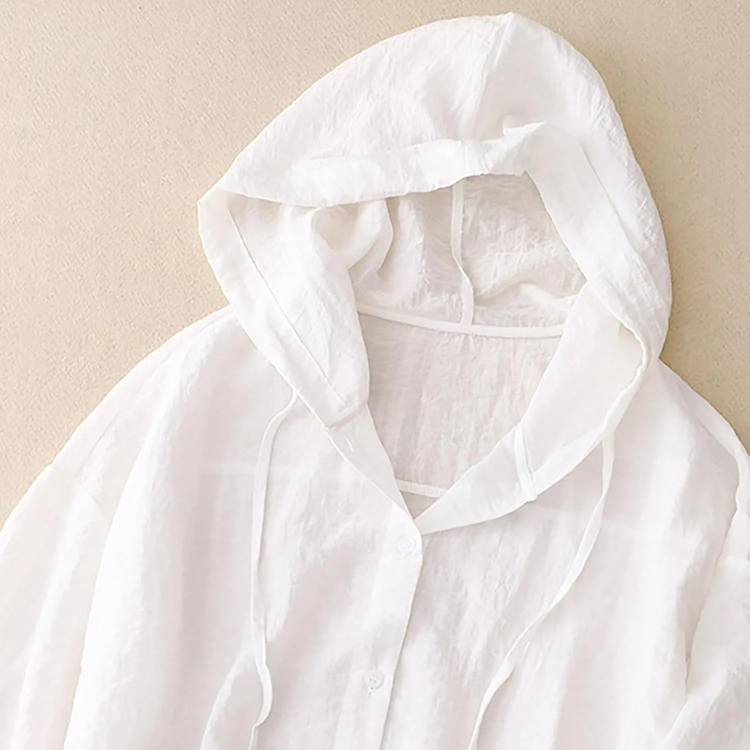 2025 Women Cotton Linen Hoodie Summer Loose Lightweight Drawstring Hooded Top Long Sleeve Button Beach Cover Up Blouses