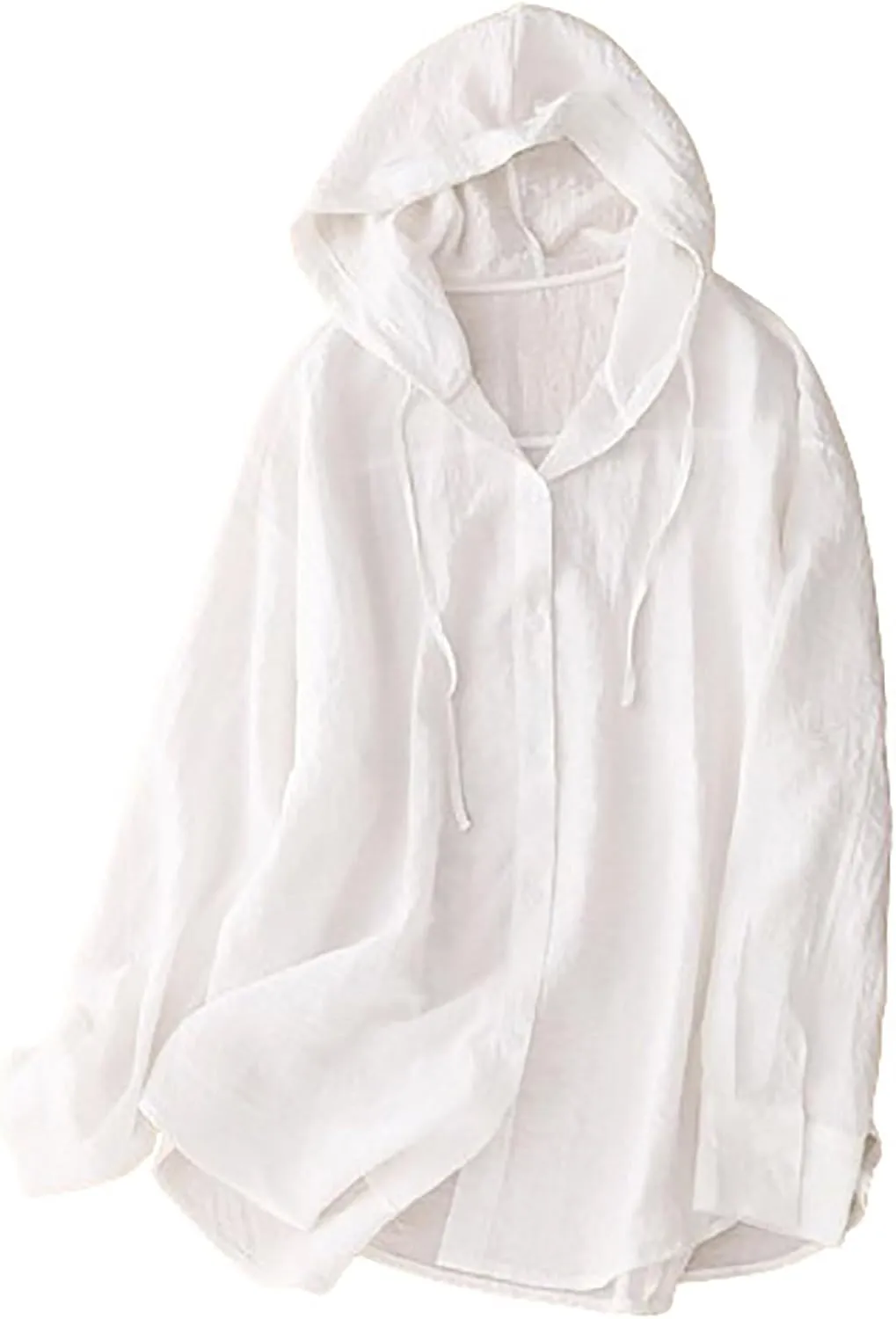 2025 Women Cotton Linen Hoodie Summer Loose Lightweight Drawstring Hooded Top Long Sleeve Button Beach Cover Up Blouses