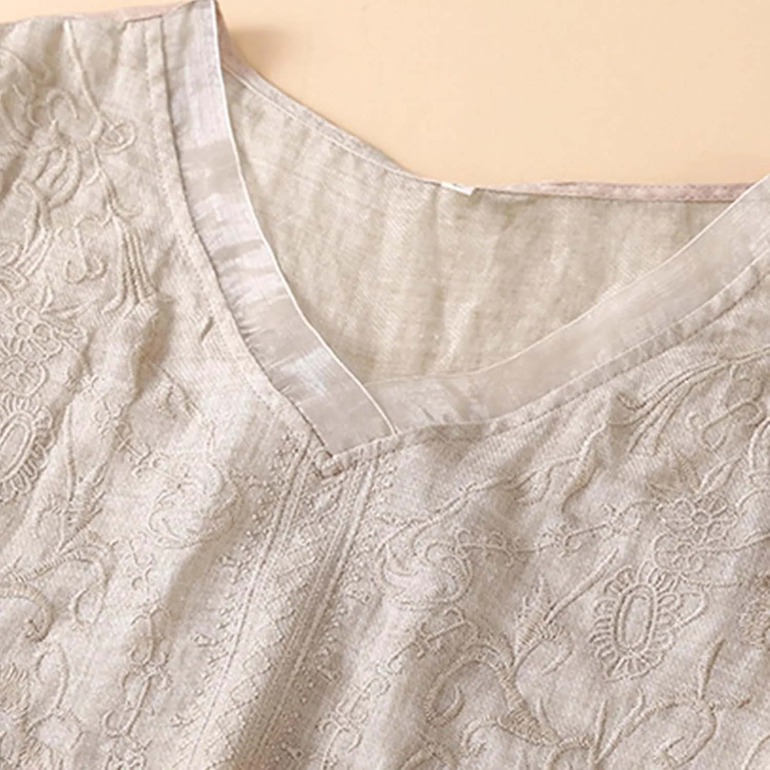 2025 Women Floral Embroidery Linen Shirts 3/4 Sleeve V Neck Peasant Tops Blouses Vintage Boho Ethnic Tees Pullover