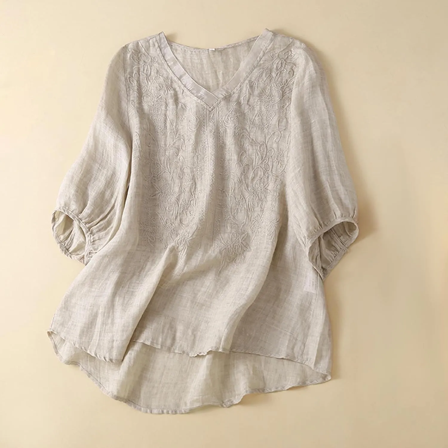 2025 Women Floral Embroidery Linen Shirts 3/4 Sleeve V Neck Peasant Tops Blouses Vintage Boho Ethnic Tees Pullover