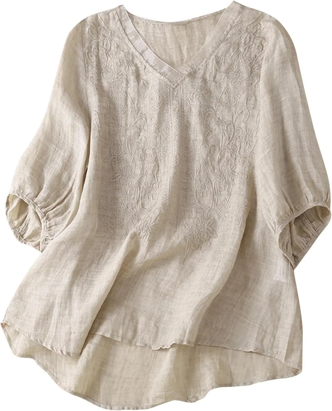 2025 Women Floral Embroidery Linen Shirts 3/4 Sleeve V Neck Peasant Tops Blouses Vintage Boho Ethnic Tees Pullover