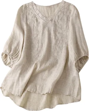 2025 Women Floral Embroidery Linen Shirts 3/4 Sleeve V Neck Peasant Tops Blouses Vintage Boho Ethnic Tees Pullover