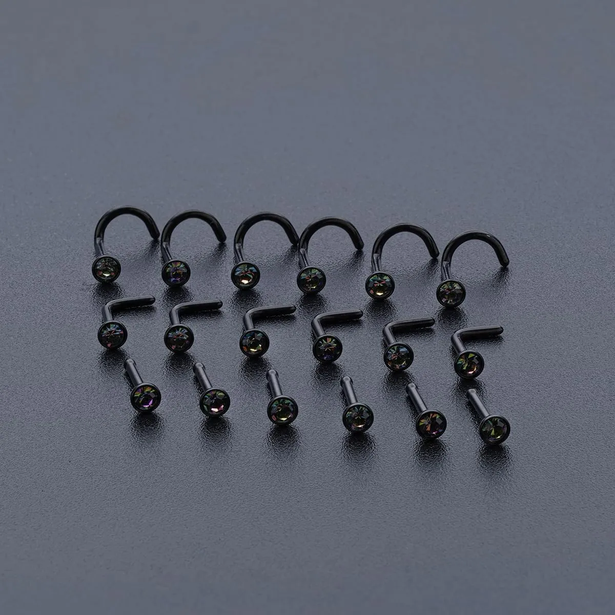 20G & 18G Nose Rings - Black, Silver & Gold Stainless Steel Studs & Screws - L Shaped & Bone Nose Rings Set - Clear CZ Nostril Piercing Jewelry