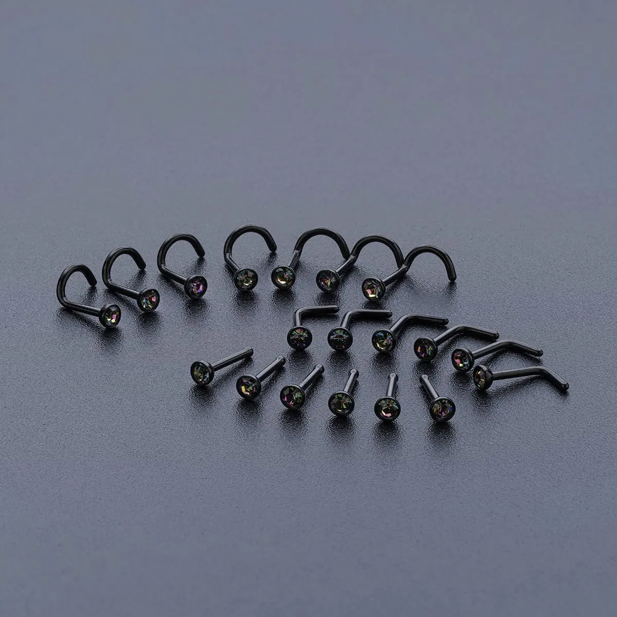 20G & 18G Nose Rings - Black, Silver & Gold Stainless Steel Studs & Screws - L Shaped & Bone Nose Rings Set - Clear CZ Nostril Piercing Jewelry