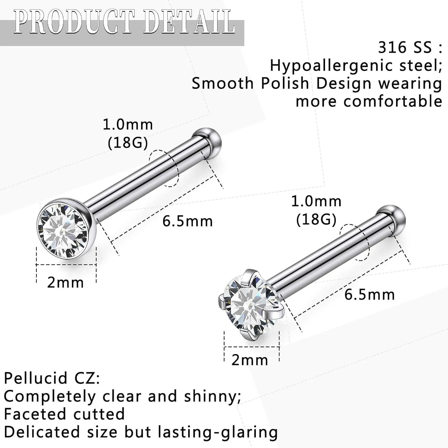 24G 22G 20G 18G Nose Rings Studs Piercing Jewelry For Women Men 316L Stainless Surgical Steel Nose Rings Studs Nostrial Piercing Jewelry for Women Men Diamond CZ 2mm Silver Black Gold