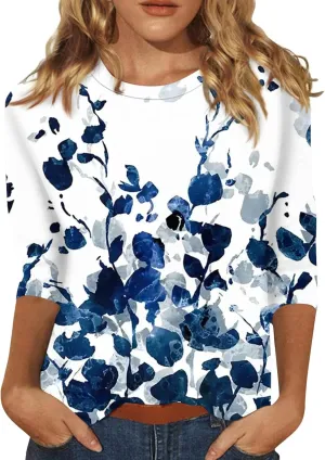 3/4 Length Sleeve Shirts for Women Floral Print Tees Blouses Crewneck Loose Casual Plus Size Tops T Shirts