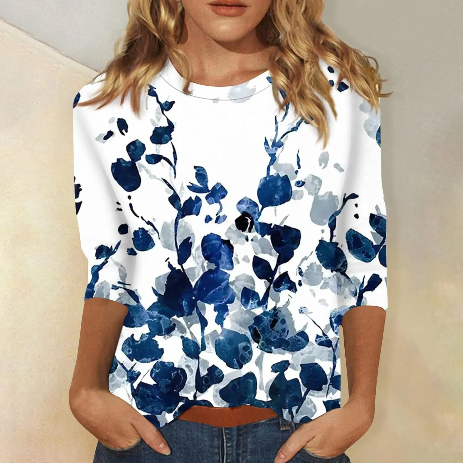 3/4 Length Sleeve Shirts for Women Floral Print Tees Blouses Crewneck Loose Casual Plus Size Tops T Shirts