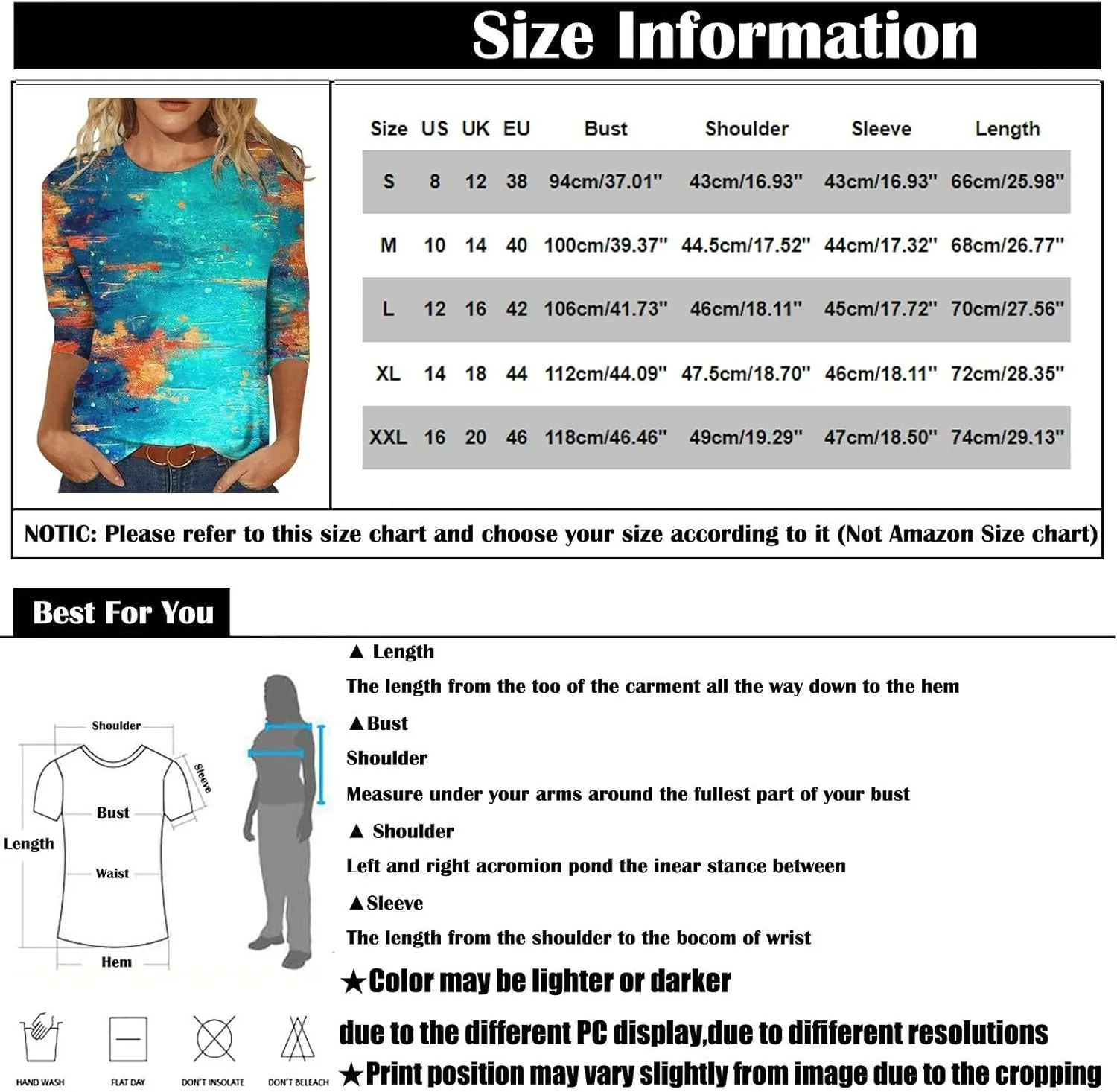 3/4 Length Sleeve Shirts for Women Floral Print Tees Blouses Crewneck Loose Casual Plus Size Tops T Shirts