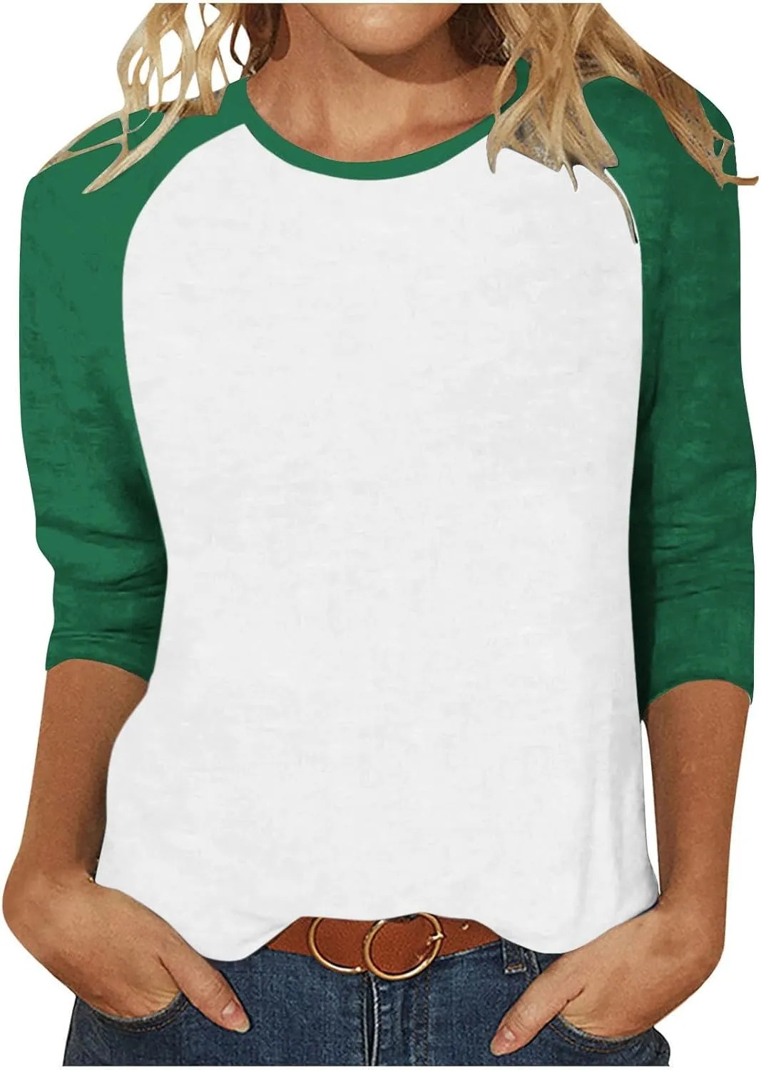 3/4 Length Sleeve Womens Baseball Jersey Tops Green and White Raglan Tshirt Three Quarter Sleeve Casual Style Tees