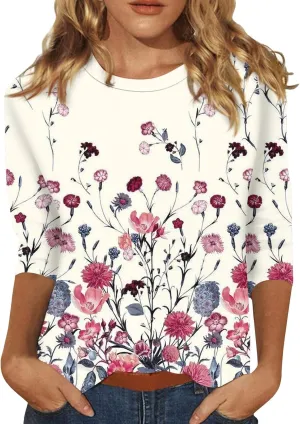 3/4 Length Sleeve Womens Tops 2025 Floral Print Vintage Fashion Casual Loose with Round Neck Plus Size Shirts