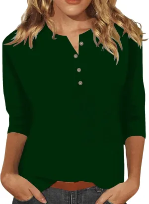 3/4 Length Sleeve Womens Tops Plus Size Button Up Summer Blouse Henley V Neck T Shirts Casual Dressy Tees