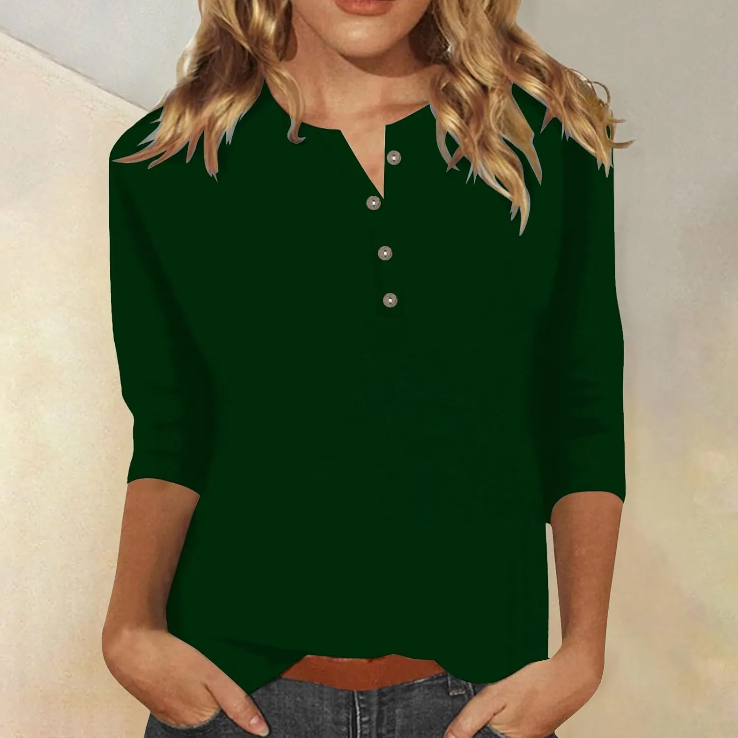 3/4 Length Sleeve Womens Tops Plus Size Button Up Summer Blouse Henley V Neck T Shirts Casual Dressy Tees