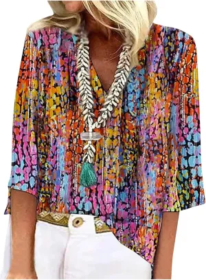 3/4 Sleeve Shirt Ladies Blouse V-Neck Tunic Dressy 2024 Tee Print Casual Fashion Tshirt Breathable Summer Tops
