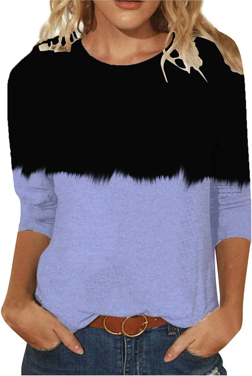 3/4 Sleeve Shirts for Women Color Block Crewneck Spring Tops 2025 Fashion Casual Blouse