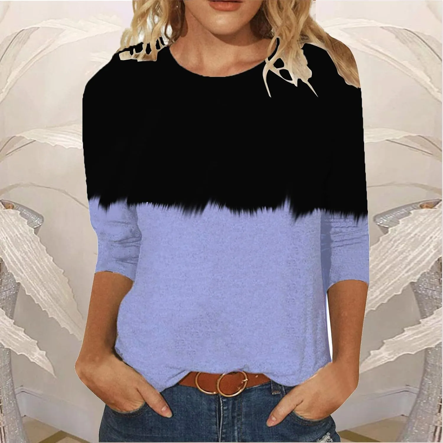 3/4 Sleeve Shirts for Women Color Block Crewneck Spring Tops 2025 Fashion Casual Blouse