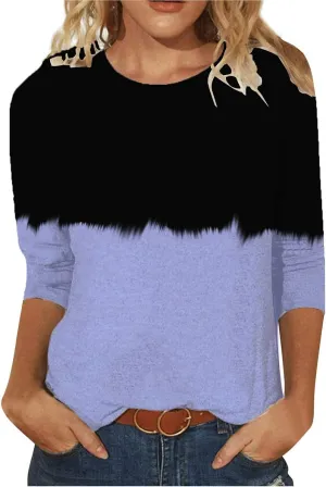3/4 Sleeve Shirts for Women Color Block Crewneck Spring Tops 2025 Fashion Casual Blouse