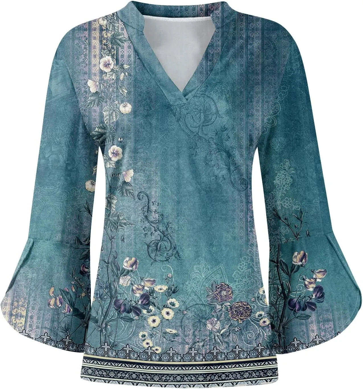 3/4 Sleeve Tops for Women V Neck Summer T Shirts Trendy Bell Sleeve Floral Print Blouses Dressy Casual 2025 Tops Cute