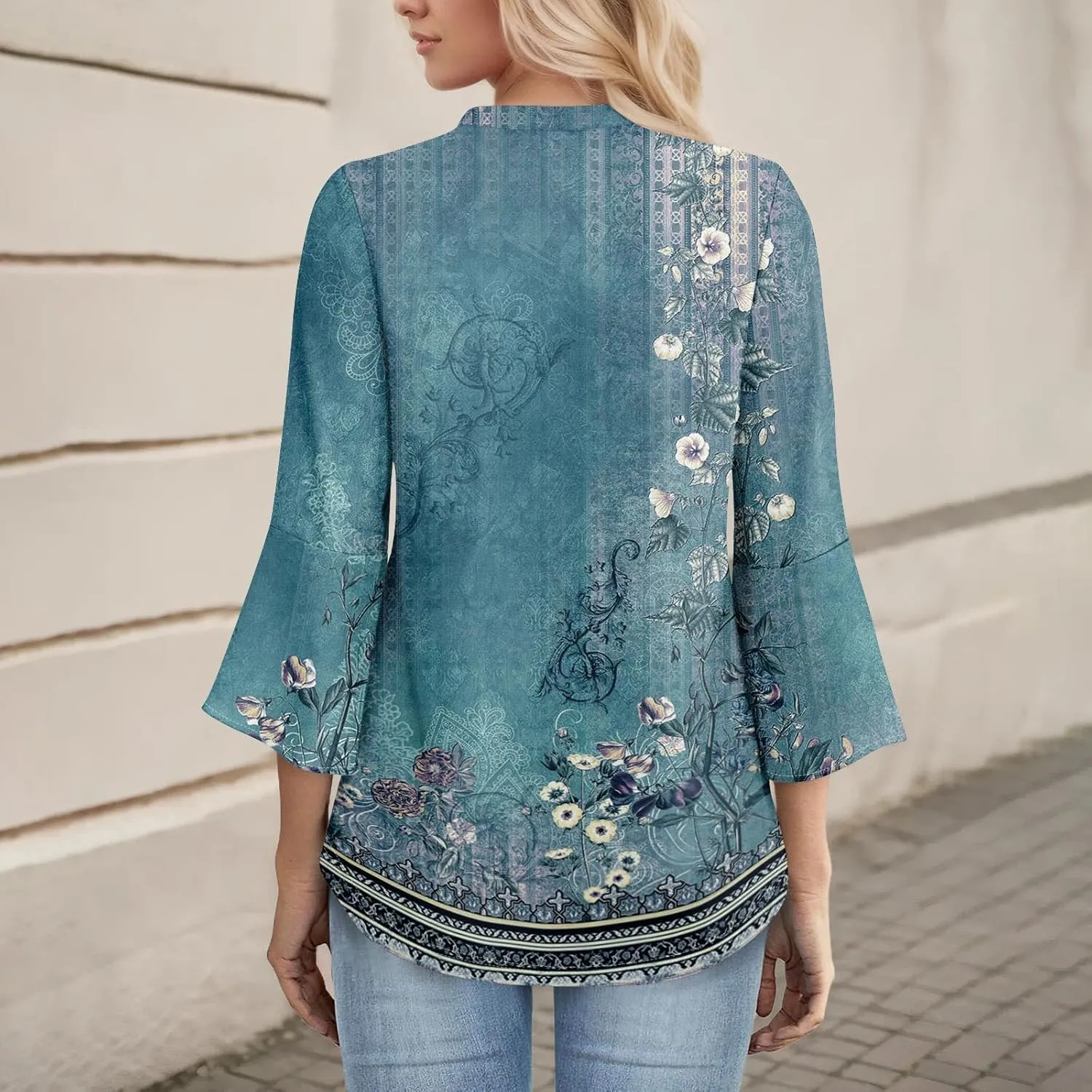3/4 Sleeve Tops for Women V Neck Summer T Shirts Trendy Bell Sleeve Floral Print Blouses Dressy Casual 2025 Tops Cute