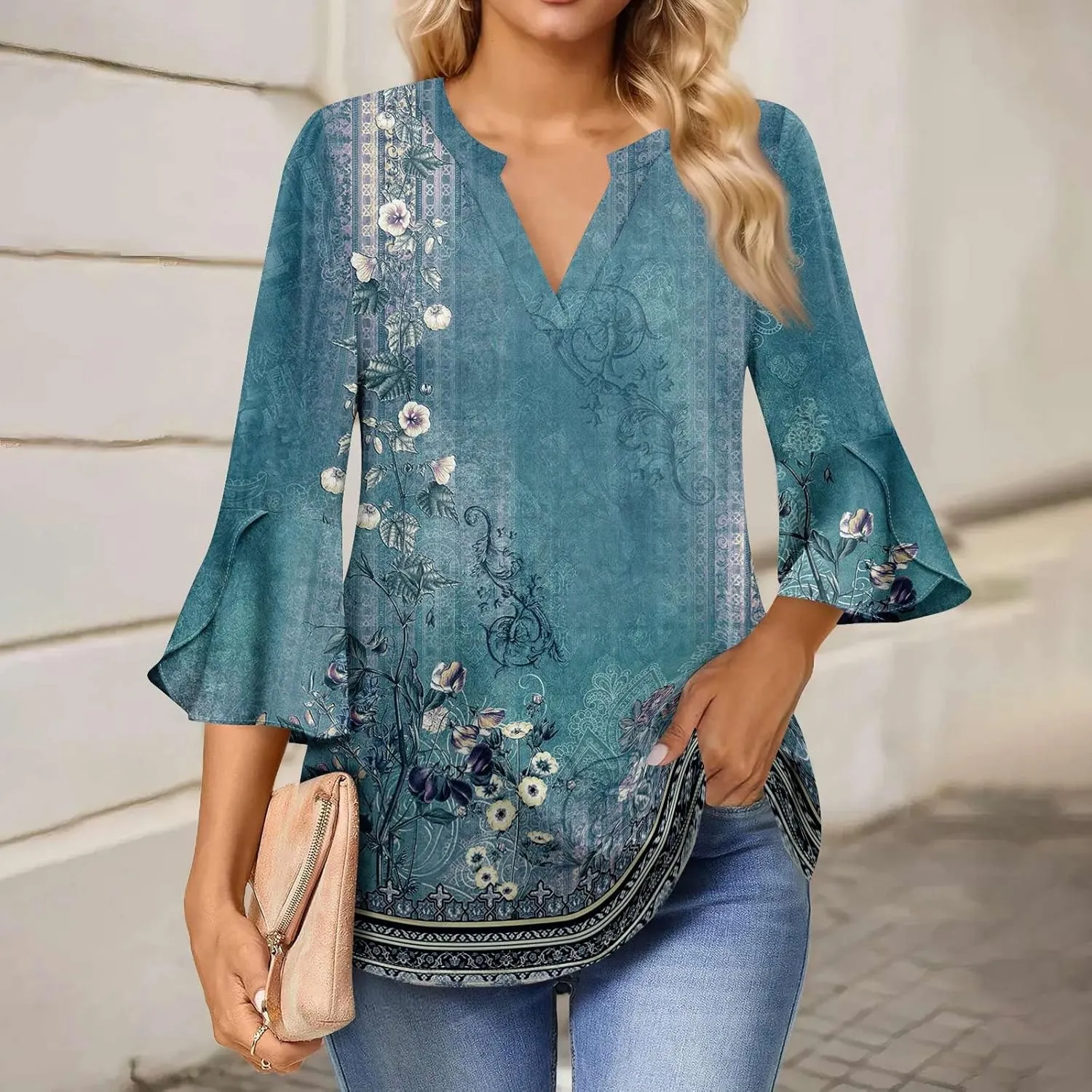 3/4 Sleeve Tops for Women V Neck Summer T Shirts Trendy Bell Sleeve Floral Print Blouses Dressy Casual 2025 Tops Cute