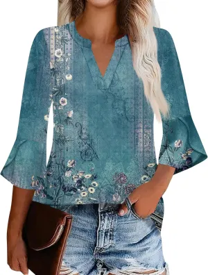 3/4 Sleeve Tops for Women V Neck Summer T Shirts Trendy Bell Sleeve Floral Print Blouses Dressy Casual 2025 Tops Cute