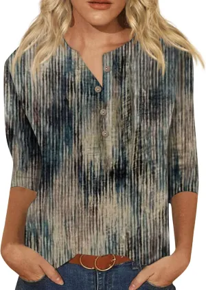 3/4 Sleeve Tops for Women Work Tops Summer Tie Dye Shirt Casual Shirt Button Down Crewneck Tops Trendy Plus Size
