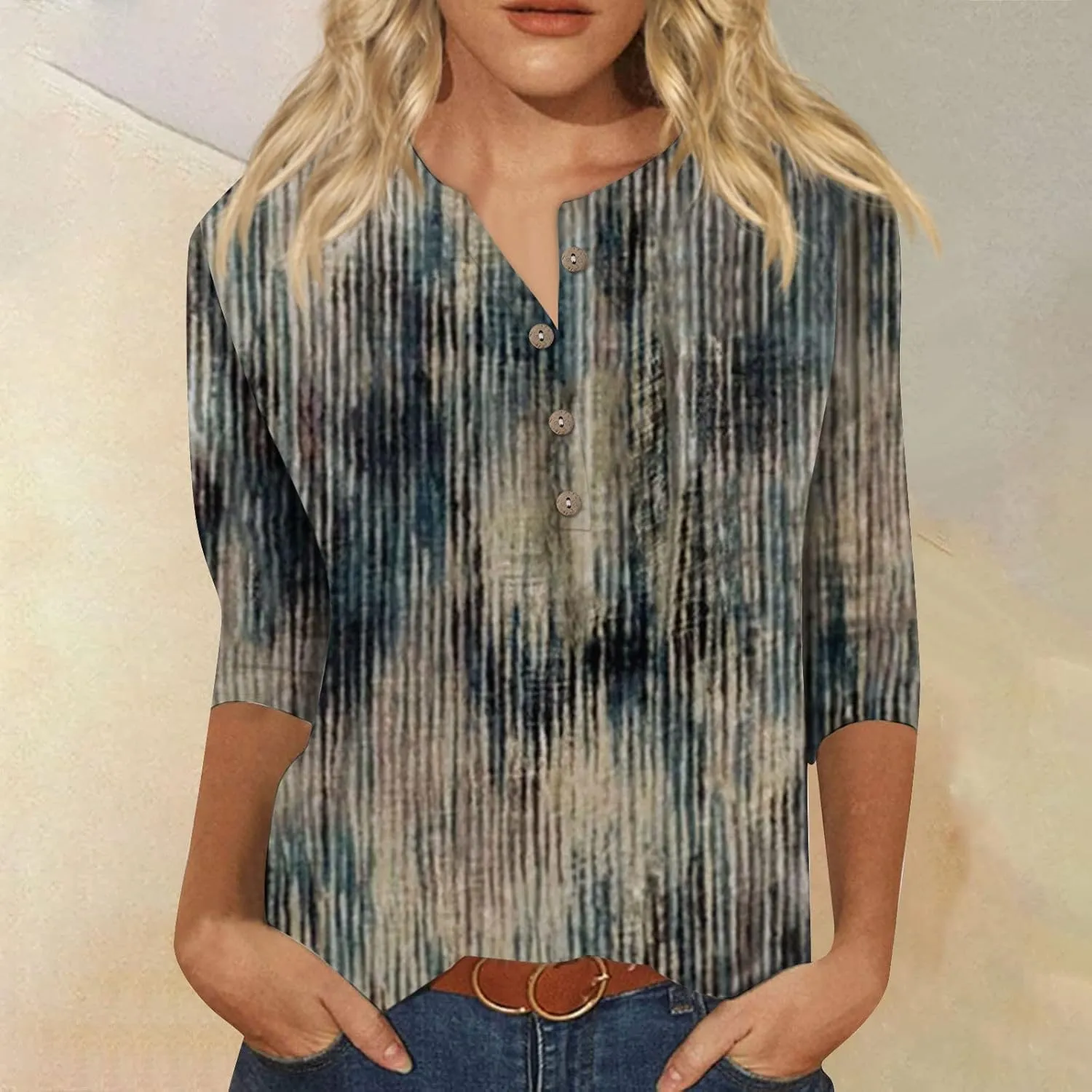 3/4 Sleeve Tops for Women Work Tops Summer Tie Dye Shirt Casual Shirt Button Down Crewneck Tops Trendy Plus Size
