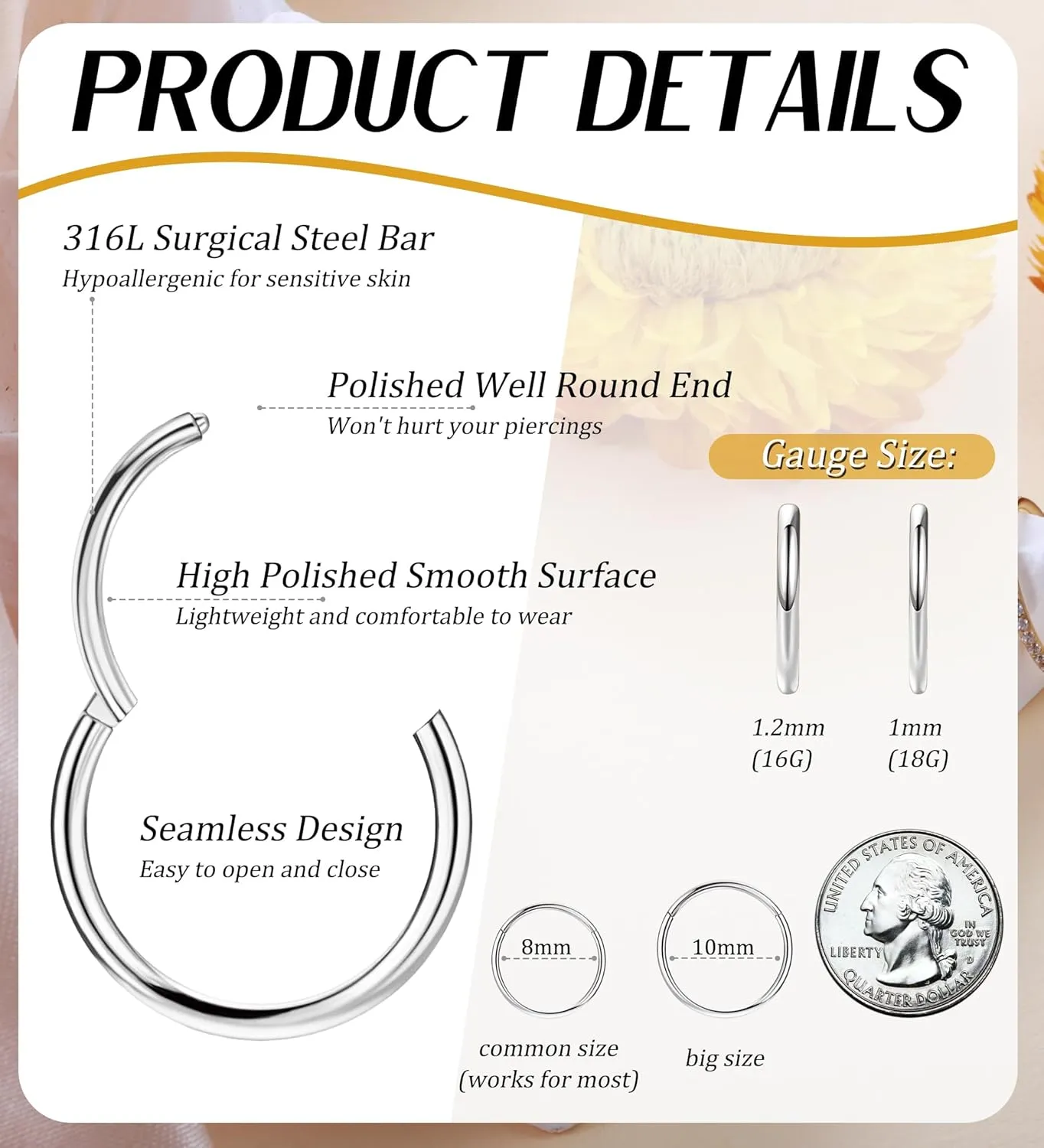 3pcs Nose Rings Hoops - 316L Surgical Steel Hinged Nose Hoops 16G/18G/20G CZ Clicker Septum Nose Ring Lip Helix Cartilage Hoop Earring Daith Rook Conch Body Piercing Jewelry for Women Men 8mm 10mm
